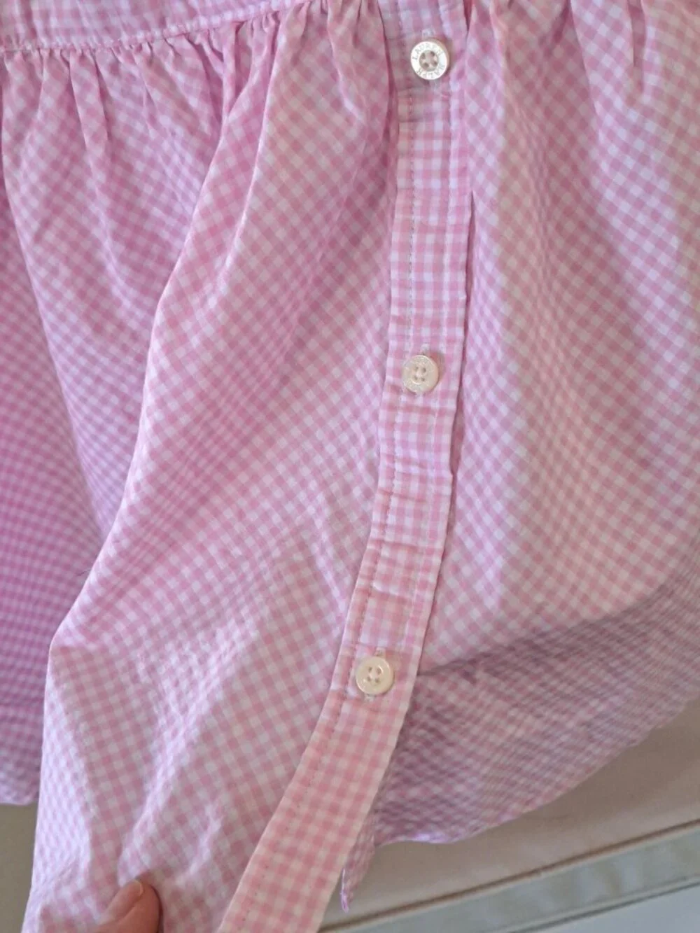 Ralph Lauren Girls Pink Gingham Button Dress 14 Cotton 3/4 Sleeves Green Logo